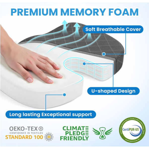 Kontorstolpute Ekstra Stor Memory Foam Sittepute, Ergonomisk Sittepute for å Lindre Isjias og Smerte Forårsaket av Langvarig Sitting black