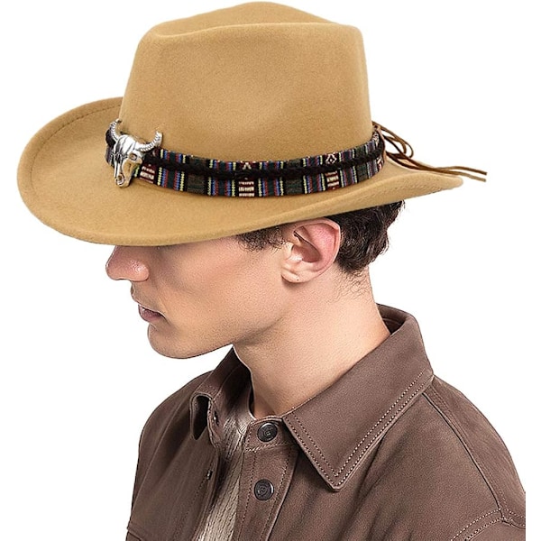 Unisex Muotoiltava Cowboy-hattu Lännen Cowgirl Outback-hattu Cattleman Fedora Punotulla Nauhalla ja Häränpääkallolla