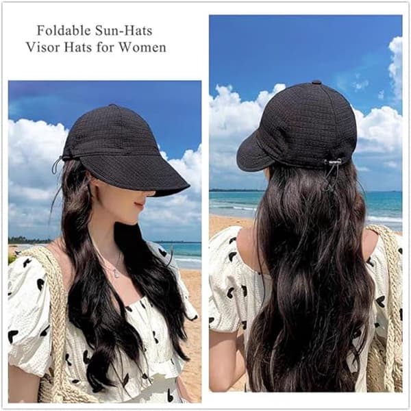 Dame bøllehat, foldbar letvægts polyester, UV50+ solbeskyttelse, justerbar snøre, strandrejser, sort, 54-58 cm