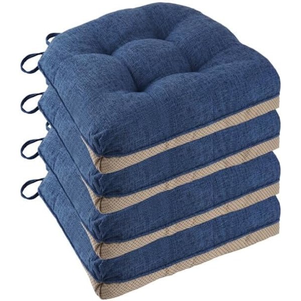 Sklisikre stolputer for spisestoler Sett med 4, 46*43*9cm sittepute med bånd dark blue