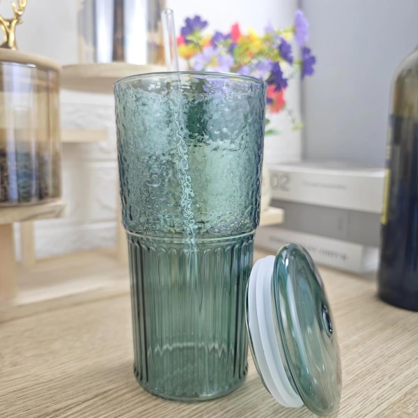 Glasmuggar med lock och sugrör av glas, 590 ml Hög Borosilikatglas Tumbler Iskaffe Vatten Smoothie Style 4