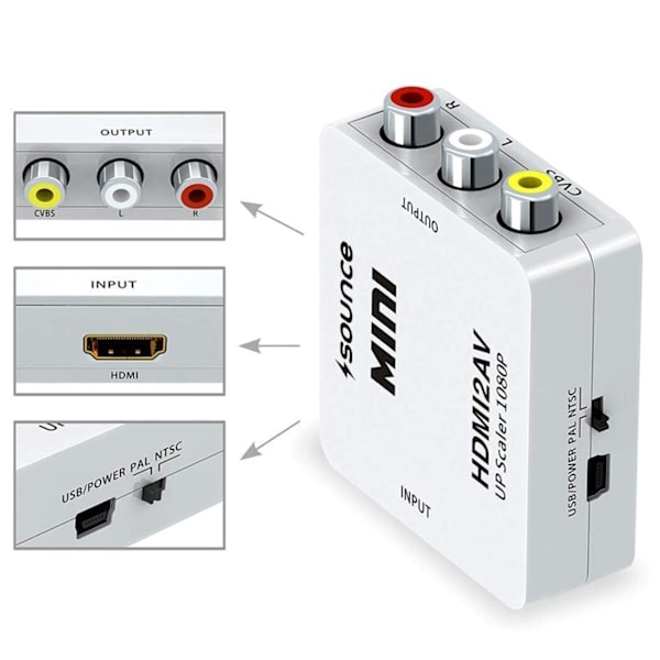HDMI til AV/RCA 1080P Signalomvandler Universal Black Svart