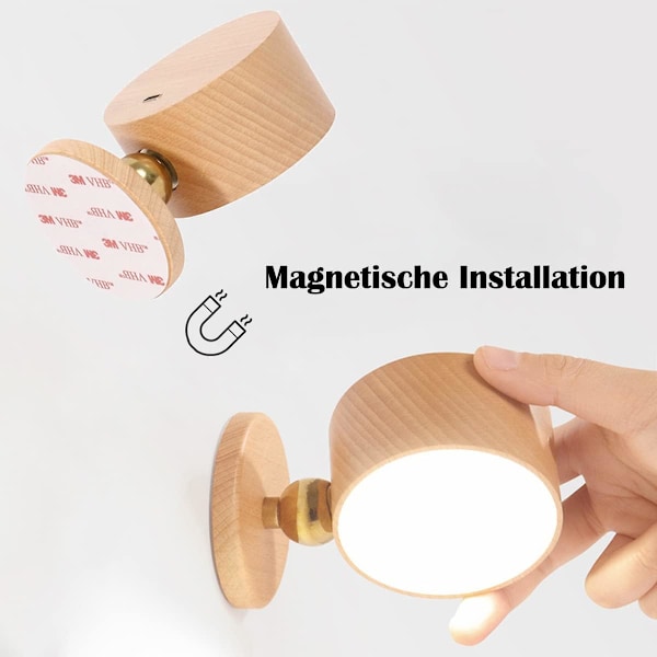 Trådlös vägglampa i trä med batteri, USB-laddningsbar dimbar LED-lampa, 1500 mAh batteri, 360° roterbar sänglampa, magnetisk lampa