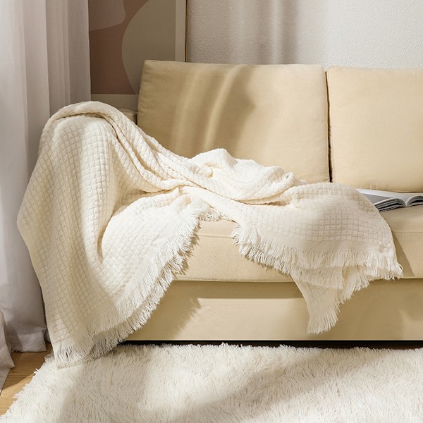 Soffa, Stickad Våffelvävd Gasvävfilt med Fransar, Mjuk Lätt Mysig Förtvättad Andningsbar Lantlig Dekoration för Alla Årstider off-white