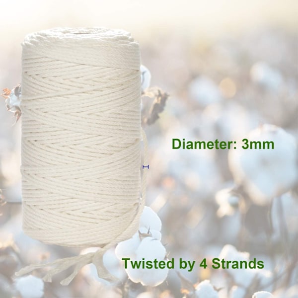 Makramé Garn 3mm x 220m (ca 200m) Mjukt Obehandlat 100% Naturligt Bomullsrep för Växtväggboningar, Beige-Perfekt