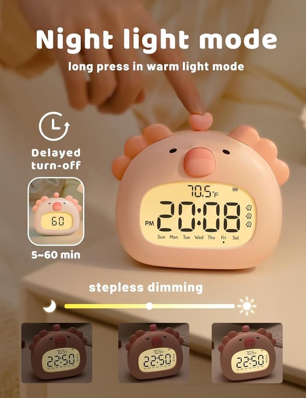Børnevækkeur, salamanderformet digital søvntræner med LED-display, 3 alarmer, nedtællingstimer, USB-C genopladelig, pink