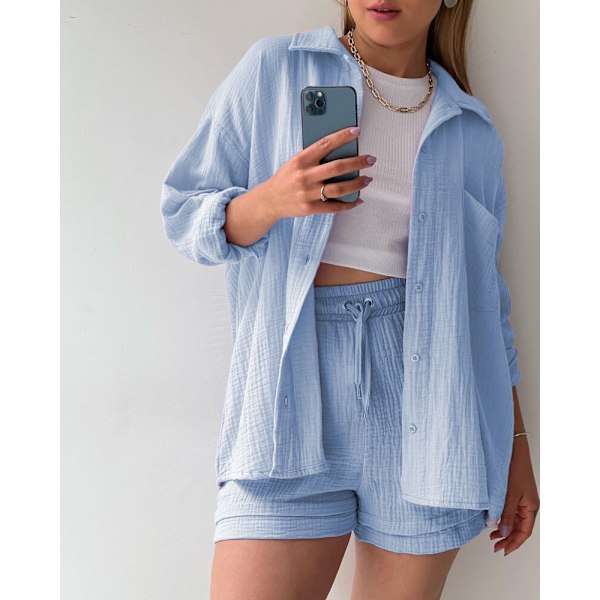 Dame 2-delt bukse sett Lin Skjorte shorts sett Lyseblå Light Blue M