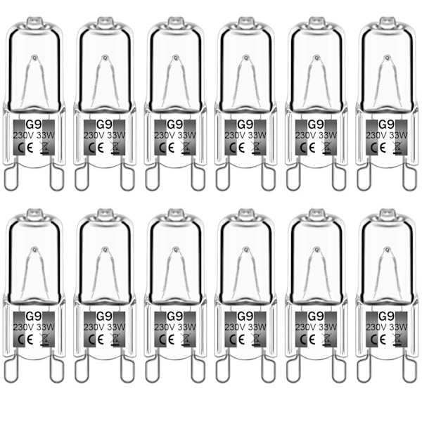 12-pack G9 Halogen Lamps 33W 230V 2800K Warm White 380lm, Clear Capsule Halogen Bulbs Dimmable, No Flicker, No Strobe