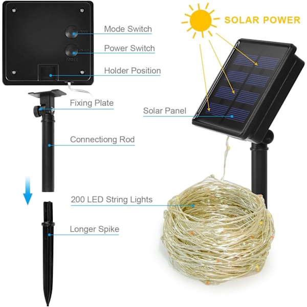 Solcellslingor för utomhus 200 LED 8 lägen 22M solcell