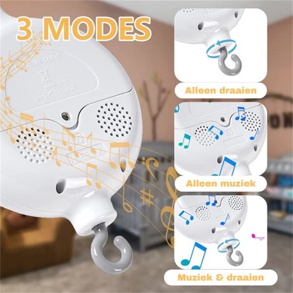 Babyseng Mobil Musikkboks, 360-graders rotasjon, 35 vuggesanger, hvit, for barnerom og babyshower