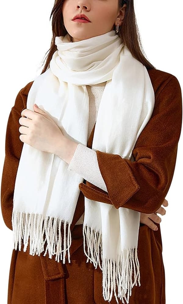 Dame vævet tørklæde, blød imiteret kashmir polyester, lang bred frynset wrap til efterår vinter, mælkehvid, 70 x 200 cm White