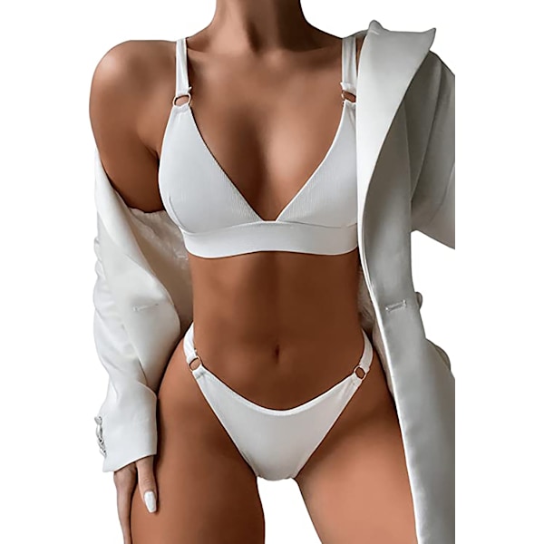 Ribbad ringdetaljerad bikini med hög hals