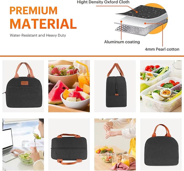 Isolert matpose, 300D kationisk polyester med frontlomme, for kontor, piknik og reise, svart, 29,5 x 18,3 x 21,5 cm