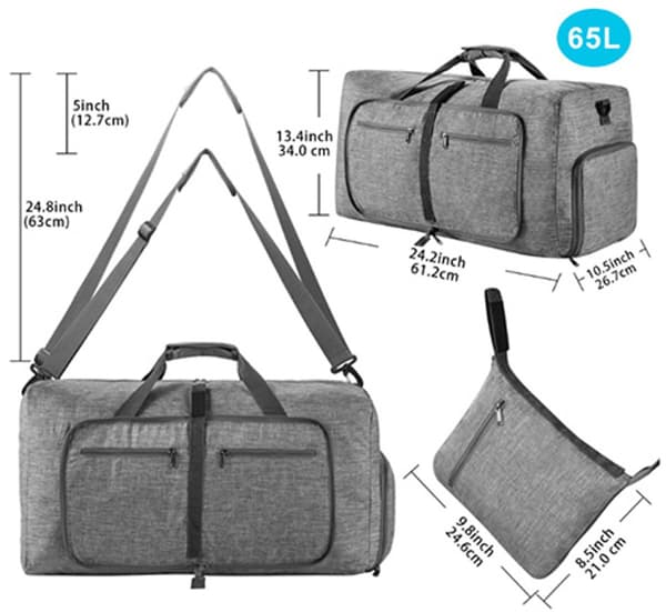 Reisebag, 65L Sammenleggbar Lettvekt 600D Polyester Med Skofag, For Menn Og Kvinner, Helgeturer Og Trening, Grå