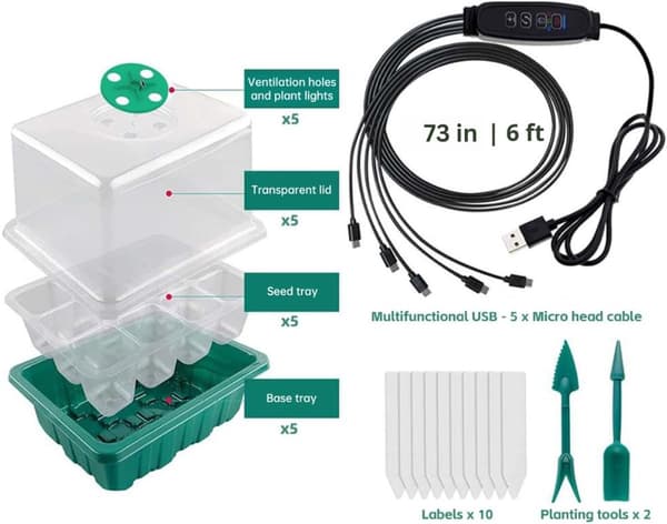 LED-startkit för fröer, 5-delad USB-driven, fullspektrum växtbelysning, dimbar timer, justerbar luftfuktighet, 60 celler, inomhusträdgård