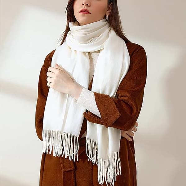 Dame vævet tørklæde, blød imiteret kashmir polyester, lang bred frynset wrap til efterår vinter, mælkehvid, 70 x 200 cm White