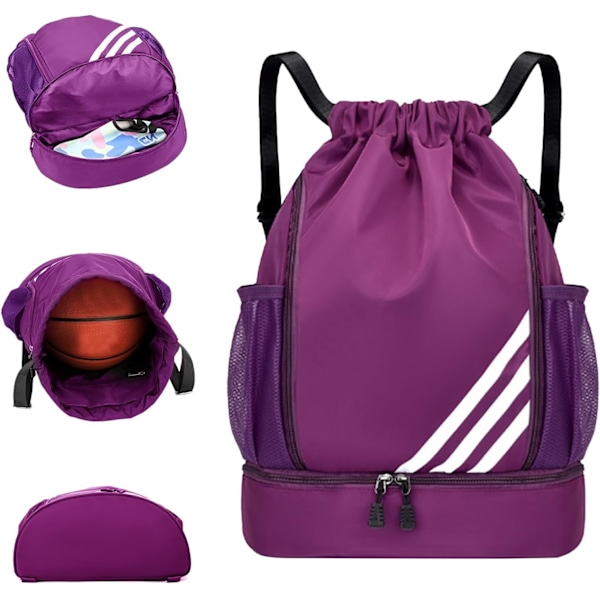 Snørevesker, Vanntett Svømmeveske for Barn Voksne, Stor Snøre Gymveske, Sport Snøre Gym Ryggsekk, Unisex PE Veske Med Skoseksjon Purple