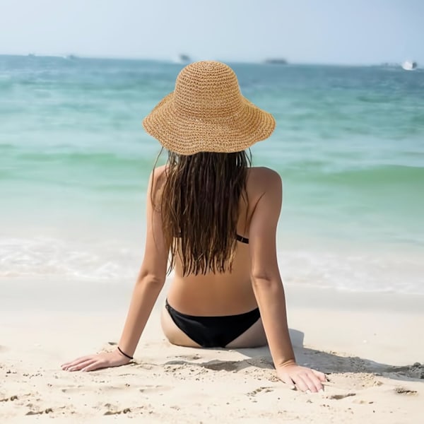 Stora, slappa strandhattar i halm för kvinnor, hopfällbar sommarhatt med brett brätte, packbar solhatt för damer, resehalm-fedora