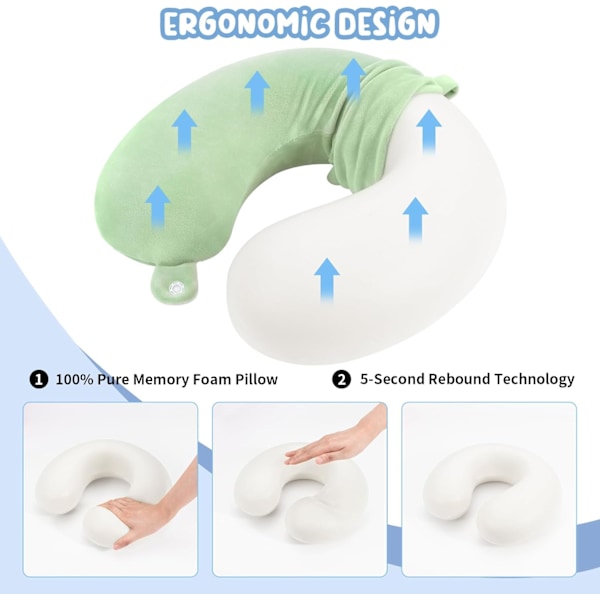 Reisepute Nakkepute Memory Foam Reiseputer Hodestøttepute for Fly T tog Bil Kontor Reise Essensielle Flypute for en Lang Tid Grå Gr Green One Size