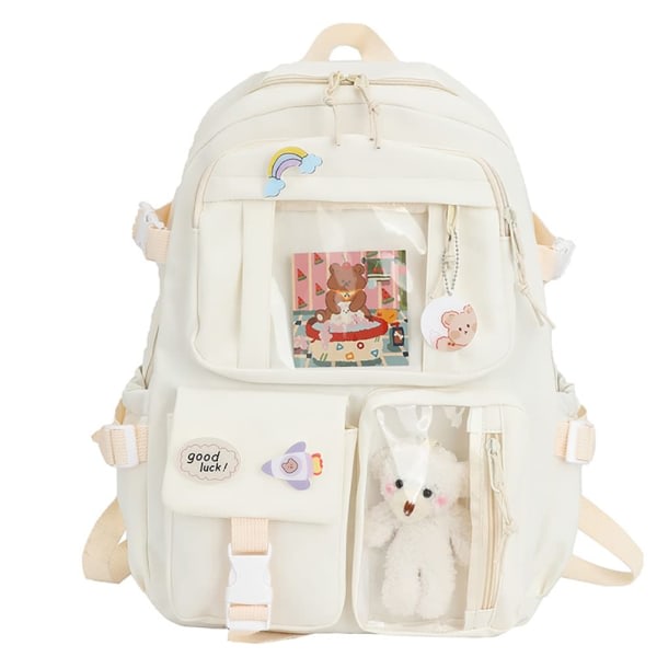 Kawaii backpack with pins and accessories, large capacity cute bear accessories backpack for teenage girls white