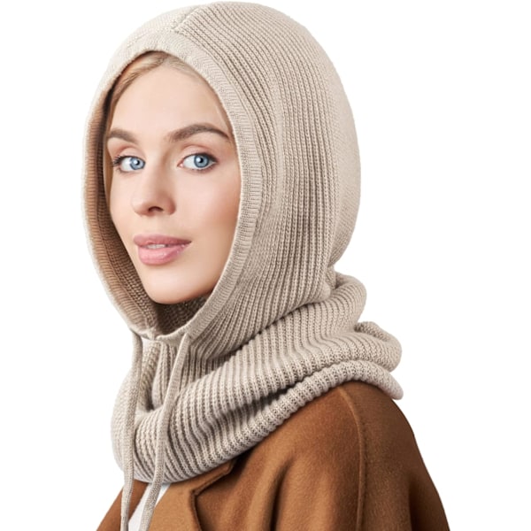 Naisten talvinen neulottu pipo - Lämmin huppu-huivipipo nyörillä 1 Pc Hooded Hat: Camel