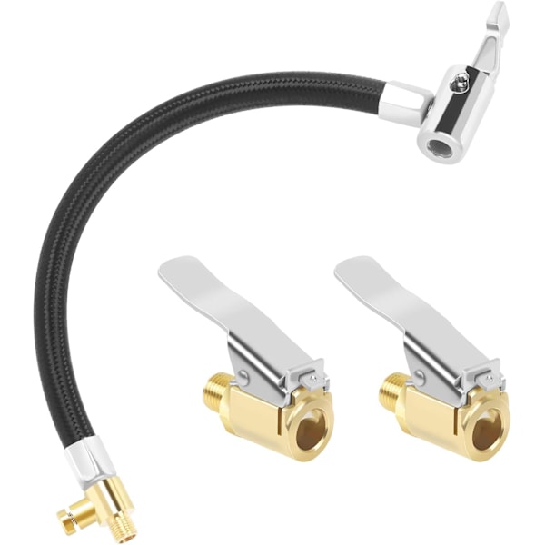 Schrader-venttiililetku polkupyörän pumppuun, jatkoletku rengaspumppuun (20 cm), uros-kumiletku rengaspumppuun ja 2 kpl auton adapteriventtiilejä