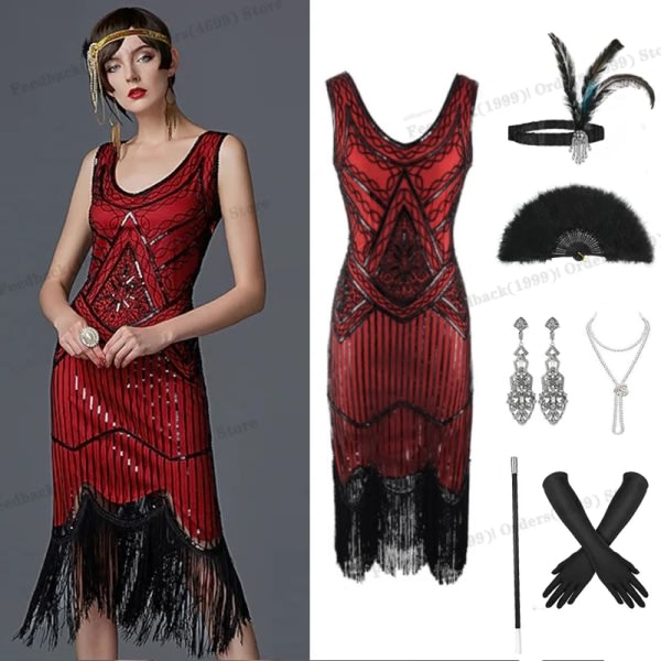 1920-talet Vintage Flapper Girls Gatsby Festklänning för kvinnor U-hals ärmlös paljett tofsar Klänningar med fläkt halsband Tillbehör Burgundy S