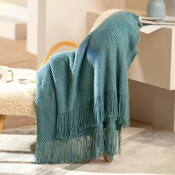 Akrylstickad Filt, Lätt och Mjuk Mysig Dekorativ Vävd Filt med Fransar för Resor, Soffa, Säng, Soffa, 130x170 cm Light green