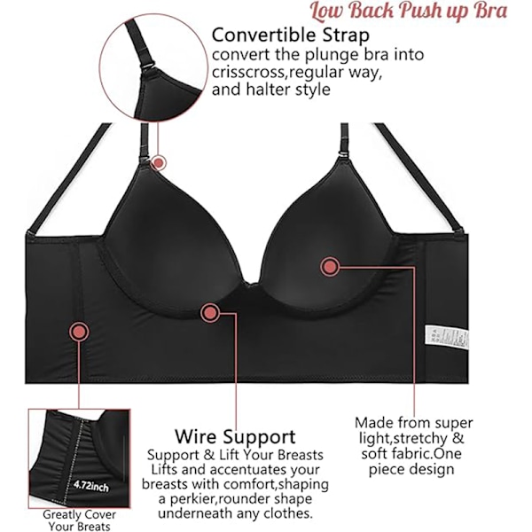 Lav rygg BH for kvinner Push Up dyp V-utringning ryggløs BH Svart Black XL