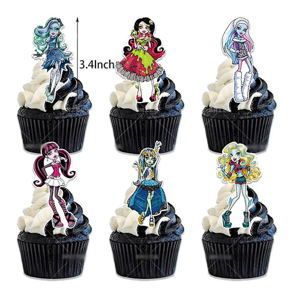 Monster High -teemainen syntymäpäiväjuhlatarvikkeet, mukaan lukien banneri, ilmapallot, kakkukoristeet ja cupcake-koristeet