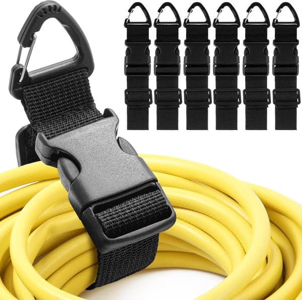 Kabelopbevaringsstropper, justerbar polypropylen med metalspænder, til ledninger og slanger, garage, sort, 6-pak, 3,8 x 56 cm