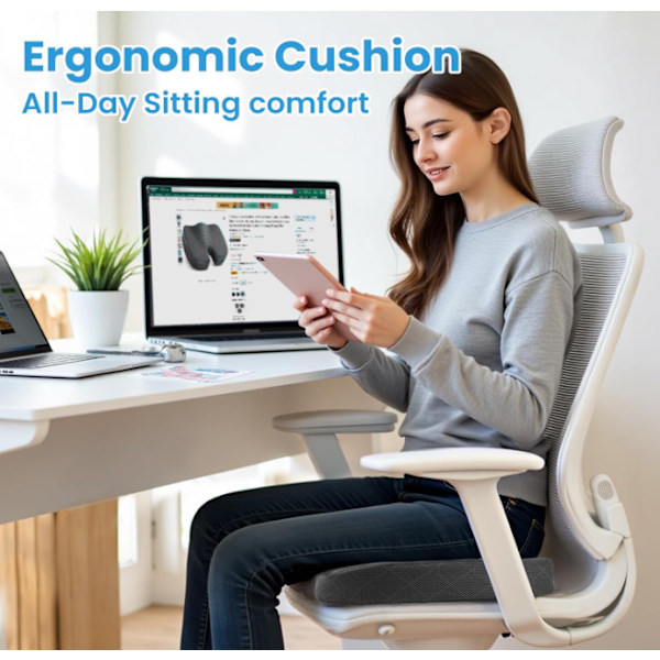 Kontorstolpute Ekstra Stor Memory Foam Sittepute, Ergonomisk Sittepute for å Lindre Isjias og Smerte Forårsaket av Langvarig Sitting black