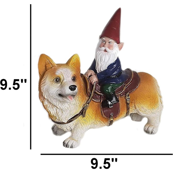 Rolig nisse krus statuer hagenisse - Nisse som rir på en corgi - Innendørs/utendørs hagenisse skulptur for uteplass, hage eller plen