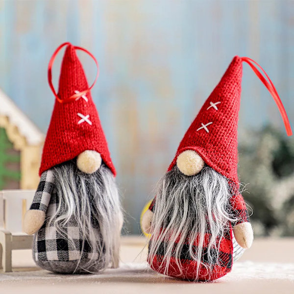 Juletomter i Plysj med Røde Rutete Stoffer Håndlagde Jul- og Valentinsdag Tomte Svenske Skandinaviske Figurer Hjemfest Dekorasjon grey plaid