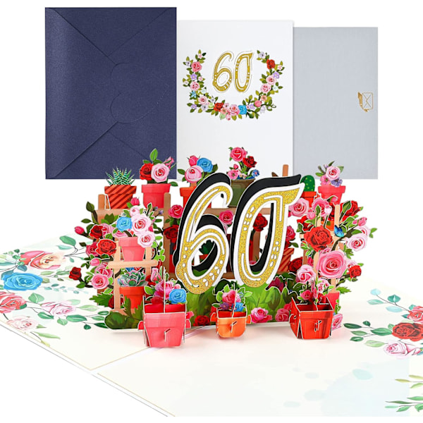 3D Pop Up Grattiskort för årsdag, blommande födelsedagskort med kuvert (60:e) Color 2