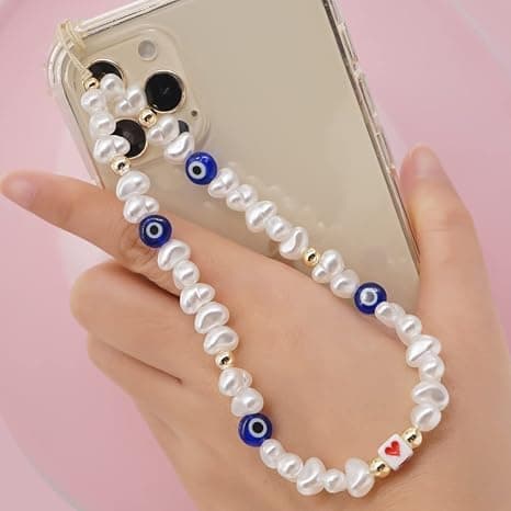 Perlemobitelefon Lanyard håndledsrem, Smiley Face Star Letter