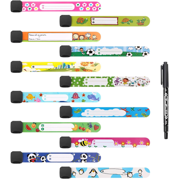 Child Safety ID Wristbands – 12 pcs, kids' ID wristbands, non-fading pencil included, waterproof, reusable, anti-lost.