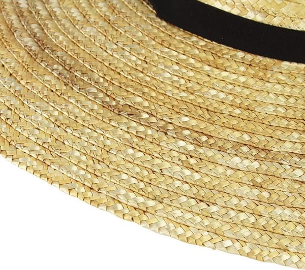 Dame stråbåthatt bred brem flat topp med hakestropp for solbeskyttelse på stranden beige 12 cm brem