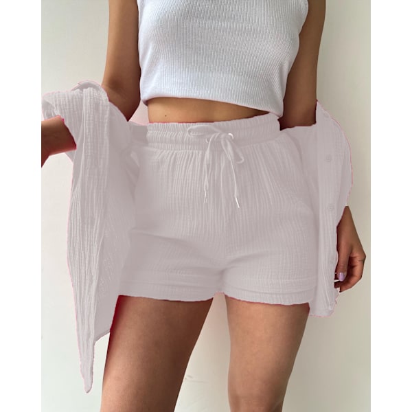 Dame 2-delt bukse sett Lin Skjorte shorts sett Hvit White L