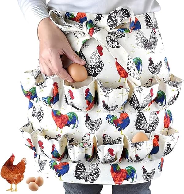 Egg Collection Apron, Polyester, 12 Deep Pockets, Hands-Free Egg Holder For Chicken Keepers And Farmers, White Rooster Print