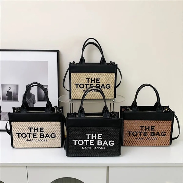 Kudottu suuri laukku käsilaukku olkalaukku olki punos musta Straw weaving black the tote bag
