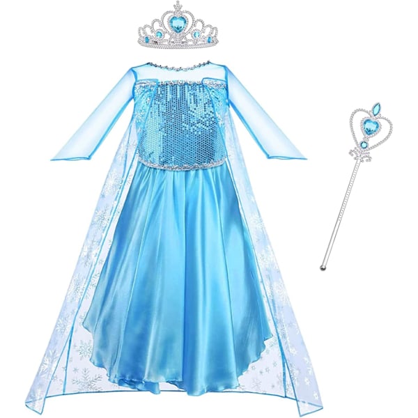 Prinsessan Elsa Klänning - Kostym med Tiara och Trollstav för Jul, Halloween, Cosplay och Födelsedagsfirande blue 7-8 years