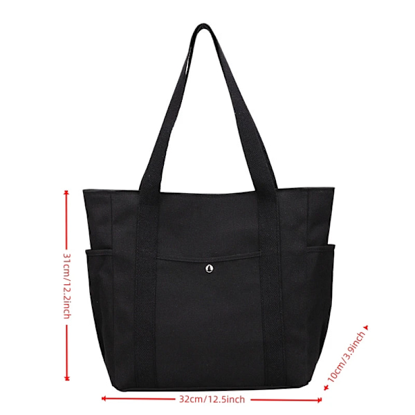 Stor Canvas Tote Bag for Arbeidsreiser Bæreveske College Stil Student Antrekk Bok Skulderveske Black