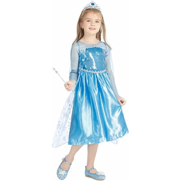 Prinsessa Elsan mekko - Puku tiaralla ja taikasauvalla jouluun, halloweeniin, cosplayhin ja syntymäpäiväjuhliin blue 5-6 years