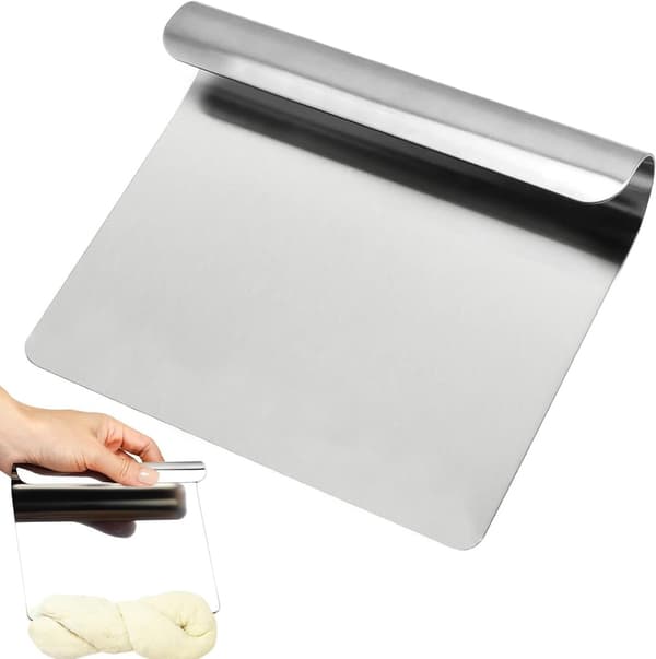 Deigskrape, 304 rustfritt stål, ergonomisk deigkutter for brød, pizza og baking, sølv, 14 x 12 cm