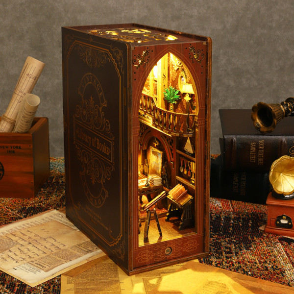1. DIY Bokhylle-Nokk Kit, DIY Miniatyr Dukkehus 3D Trepussel Bokstøtte for Bokhylle Dekorasjon, Lite Modellhus for Voksne å Bygge
