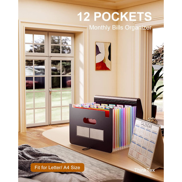 Svart 24-facks Executive-mappe med A4-omslag, filorganisator, stretchorganza med elastisk lukking