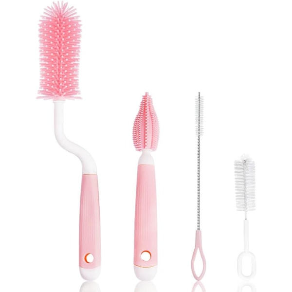 Silicone Baby Bottle Brush Set, 3 Pcs - Cleaning Brush with Hanging Hole for Bottles, Glass, and Thermoses (Pink)