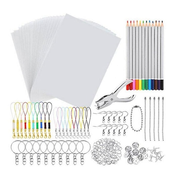 198 stk Krympeplastpapir Varmekrympeark Plastsett Hullmaskin Nøkkelringer Penner DIY Tegning Arker (FMY) As Shown