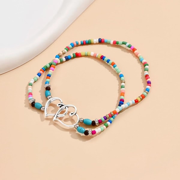 Ankelkjede for Kvinner Vanntett Ankelkjede Elastisk Hjerte Ankelkjede Stretch Ankelkjede Fargerike Perleankelkleder Boho Ankelkjede Sølv Strand An